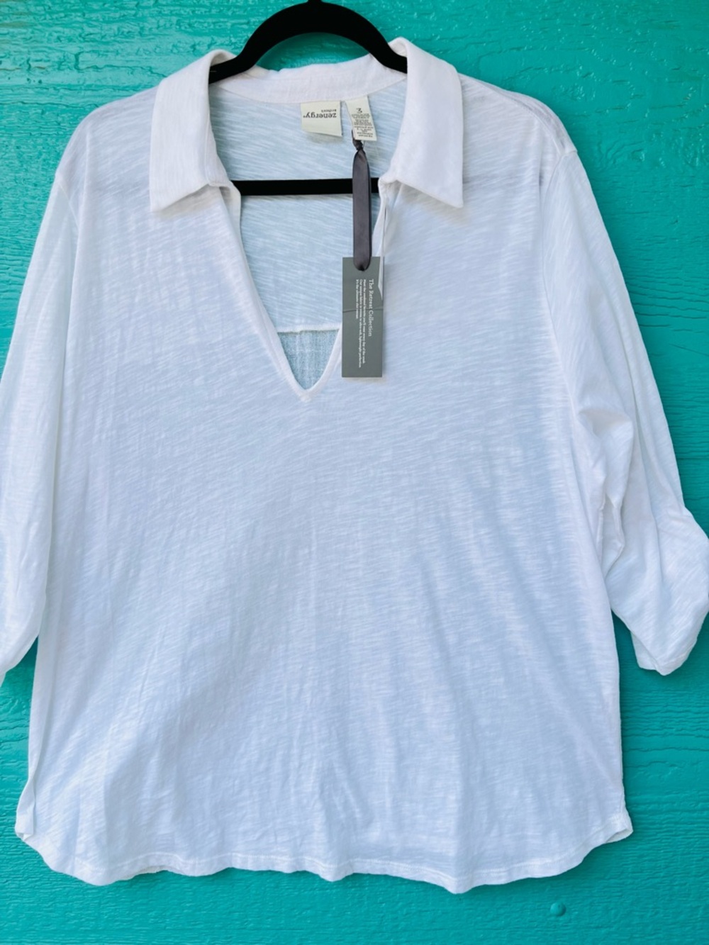 Chico’s Zynergy Retreat White Slub Cotton Top Size XL Tab Sleeve V-Neck NWT